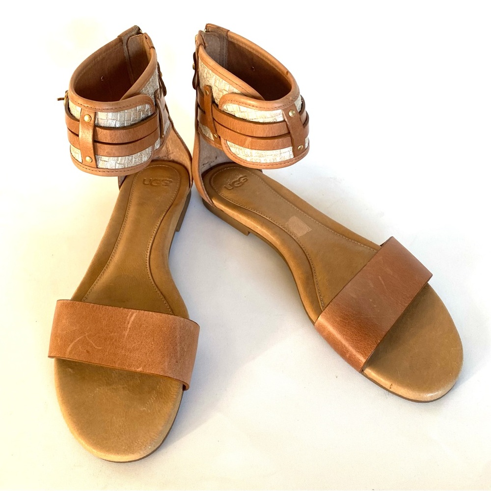 UGG Ankle Strap Womens Gladiator Sandals Size 10 Tan Leather Flat Zip Up